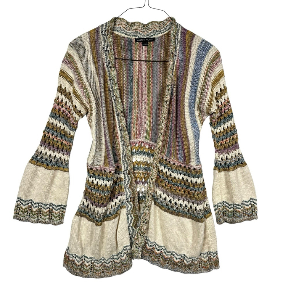 Boston Proper Knit Cardigan Cream/Colorful Bell Sleeves Size Medium